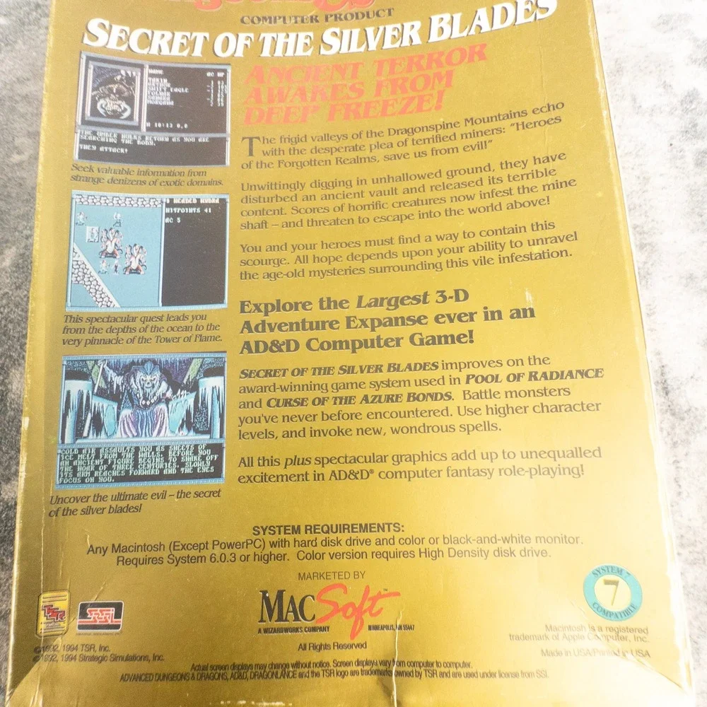 AD&D Secret of the‎ Silver Blades Macintosh CIB Big Box Floppy SSI 1994 Retro